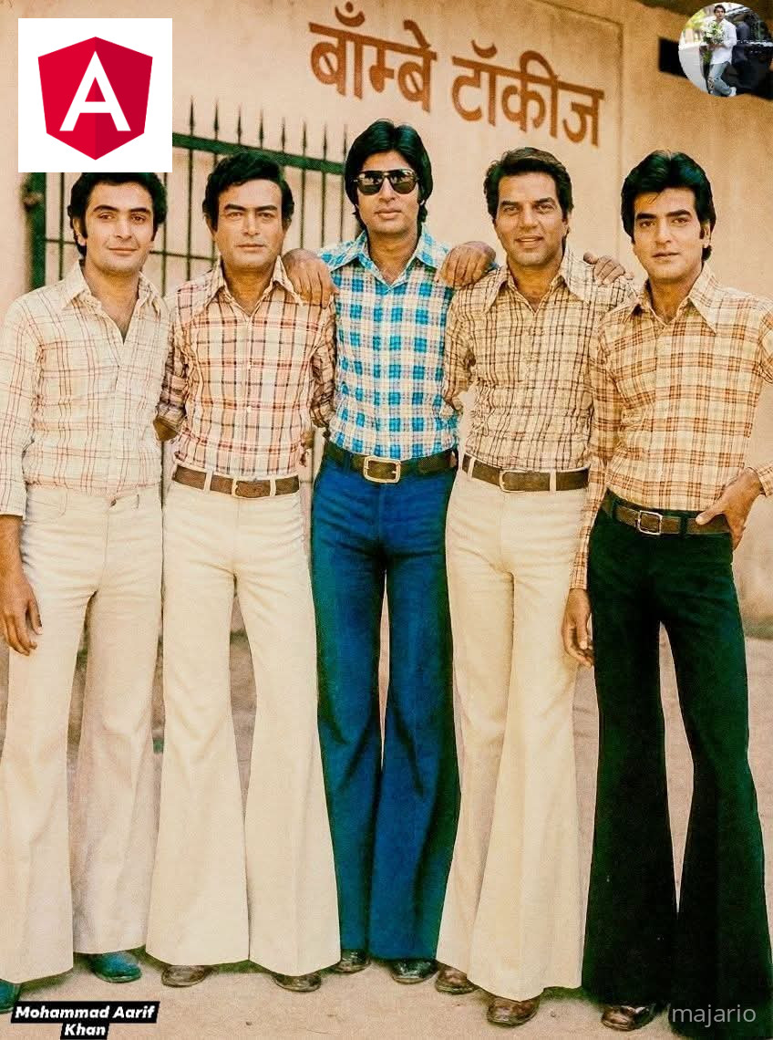 Indian cinema posing in front of a building with the name "Bombay Talkies" 