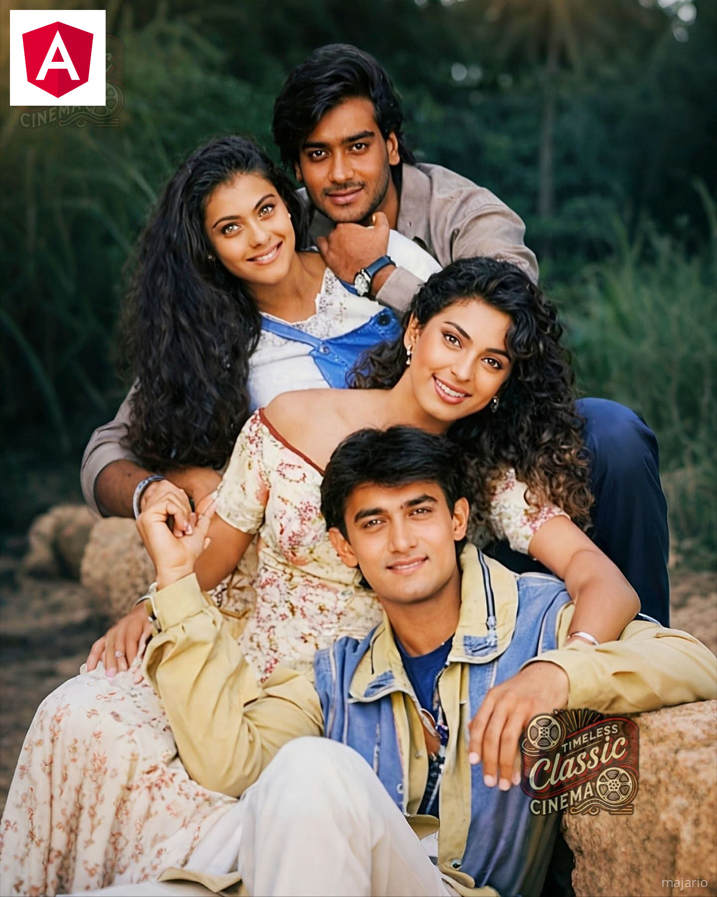 This pic from Ishq is pure 90s madness and I love it ! You’ve got Ajay Devgn with his serious, intense vibe… Kajol looking all fiery and expressive… Juhi Chawla